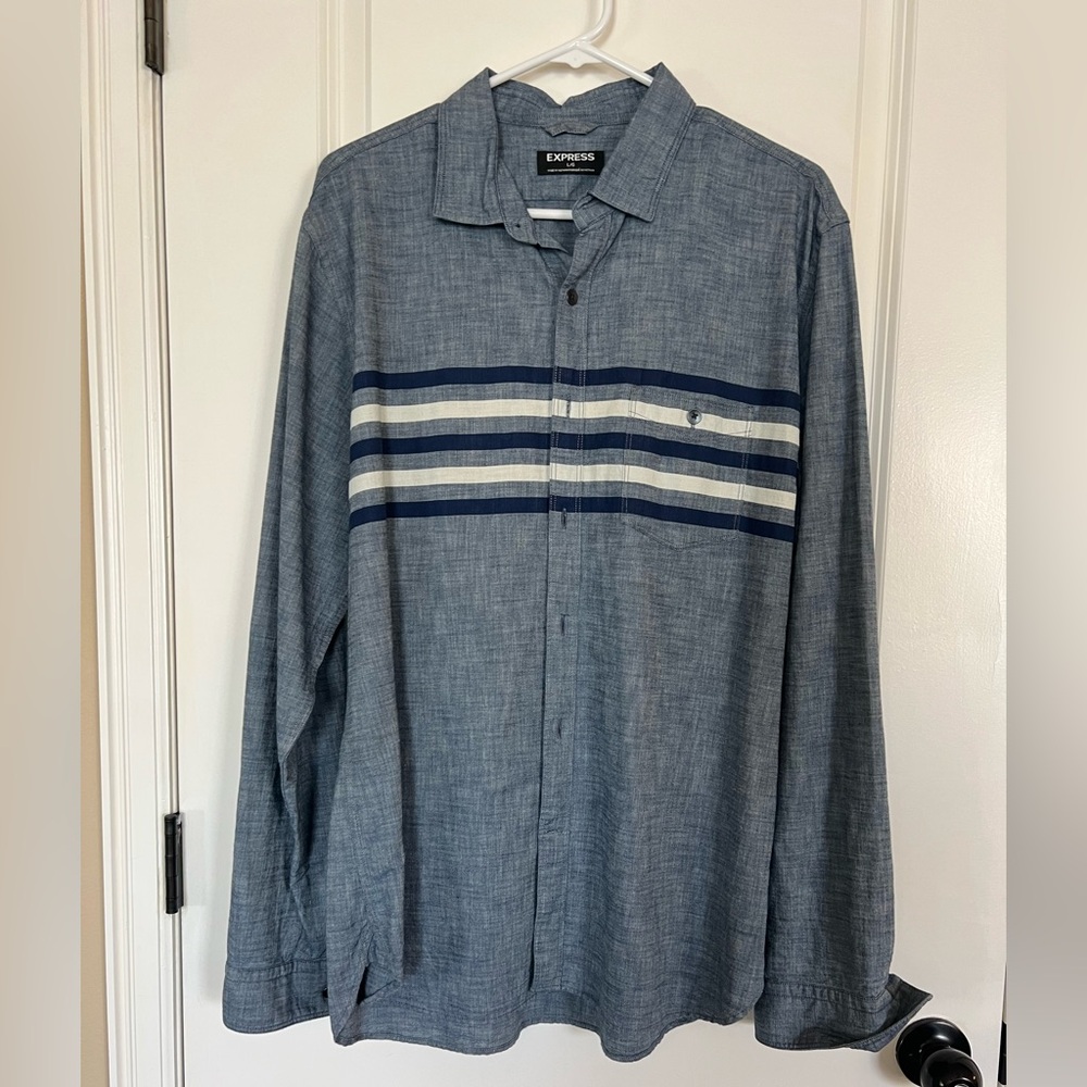 Blue Denim Blue & White Striped Button-Up Long Shirt